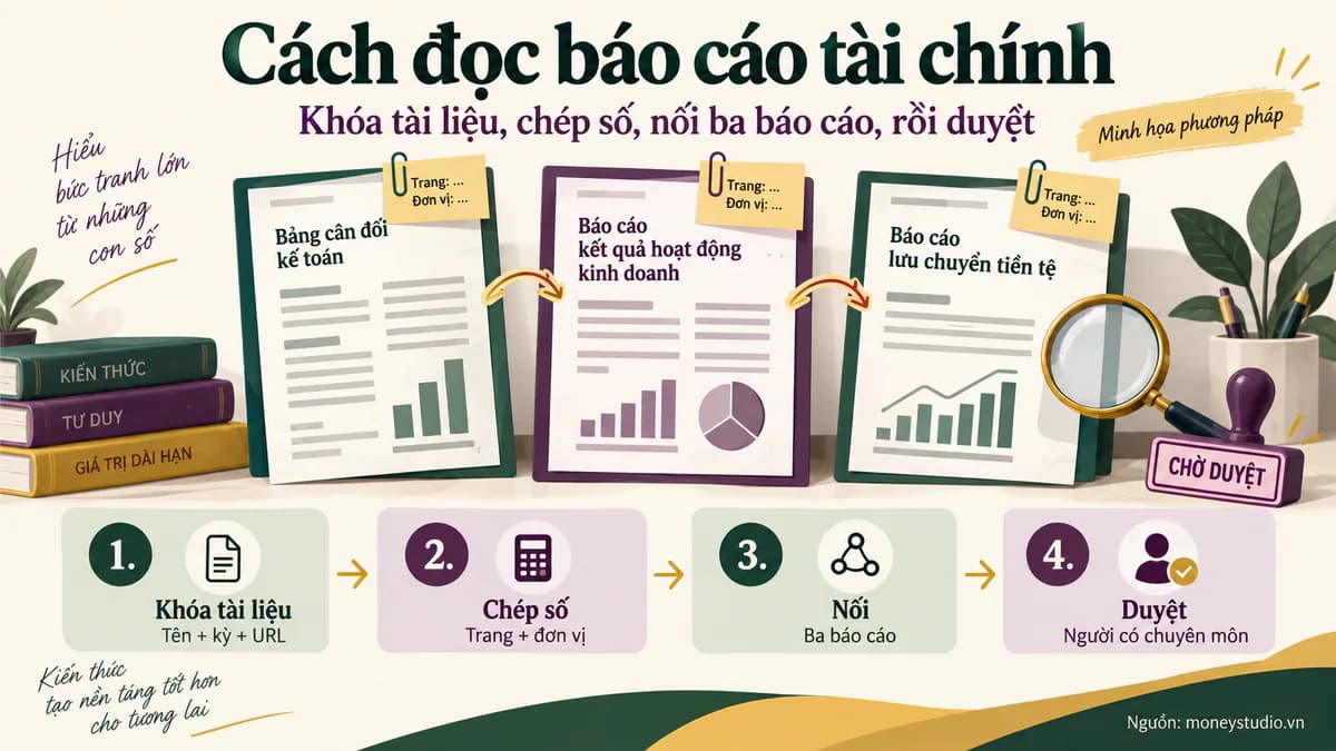 Infographic Cách đọc báo cáo tài chính qua một doanh nghiệp cụ thể: Khóa tài liệu, Tên + kỳ + URL; Chép số, Có trang + đơn vị; Nối, 3 báo cáo; Duyệt, Chuyên môn trước công bố.
