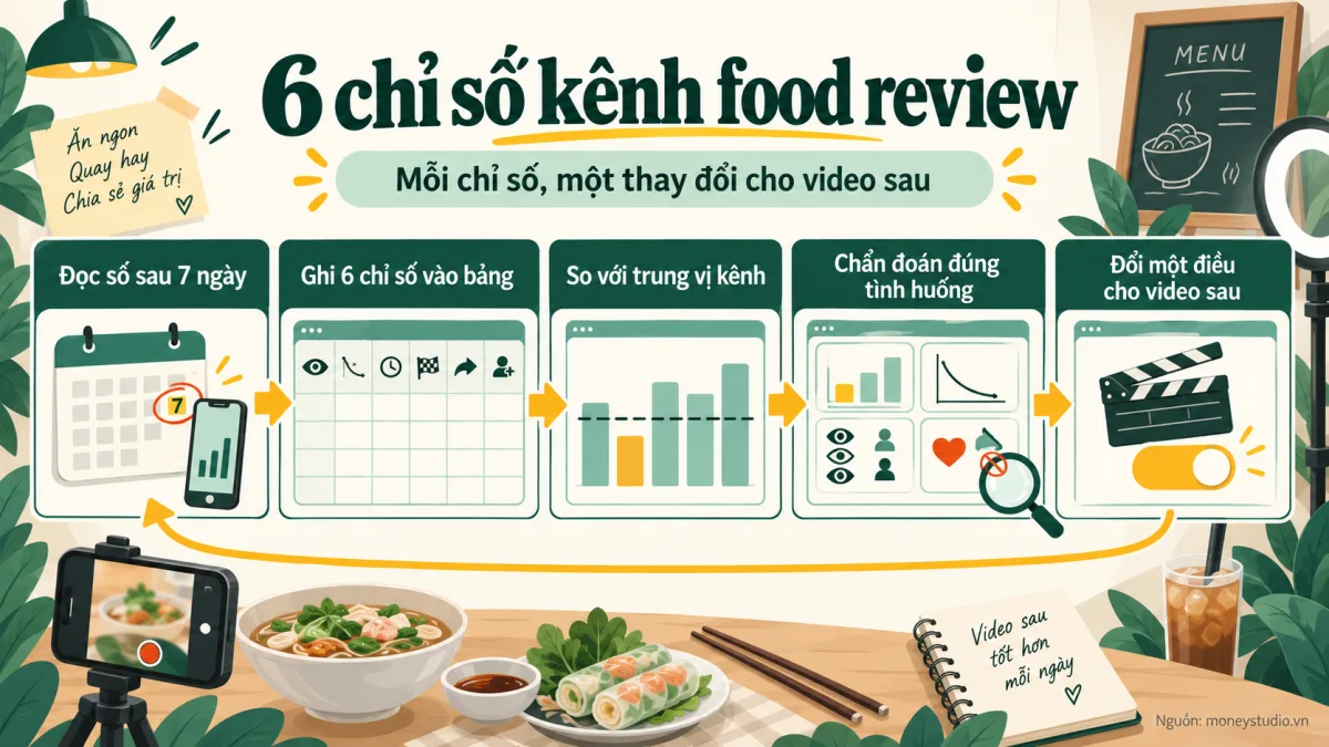 Infographic 6 chỉ số kênh food review: 6 chỉ số kênh food review; Mỗi chỉ số, một thay đổi cho video sau; Đọc số sau 7 ngày; Ghi 6 chỉ số vào bảng; So với trung vị kênh; Chẩn đoán đúng tình huống; Đổi một điều cho video sau.
