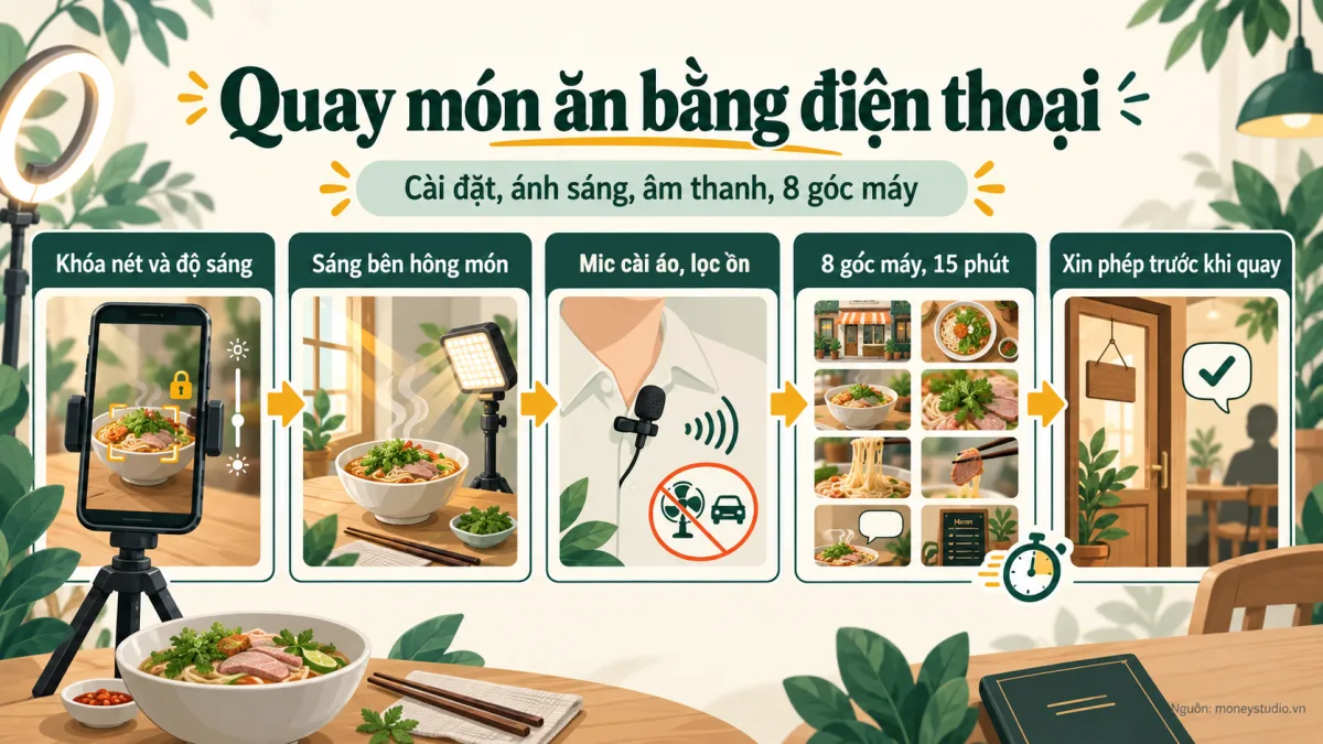 Infographic Quay video món ăn bằng điện thoại: Quay món ăn bằng điện thoại; Cài đặt, ánh sáng, âm thanh, 8 góc máy; Khóa nét và độ sáng; Sáng bên hông món; Mic cài áo, lọc ồn; 8 góc máy, 15 phút; Xin phép trước khi quay.