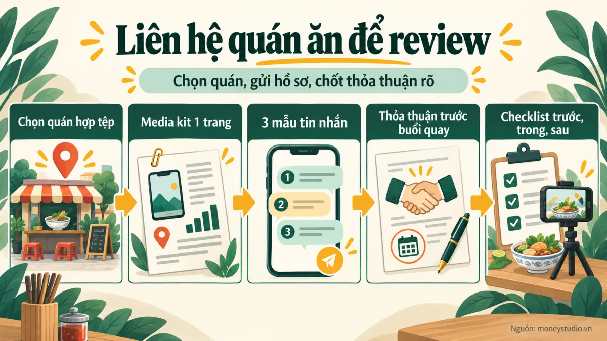 Infographic Cách liên hệ quán ăn để review: media kit, 3 mẫu tin nhắn và checklist làm việc: Liên hệ quán ăn để review; Chọn quán, gửi hồ sơ, chốt thỏa thuận rõ; Chọn quán hợp tệp; Media kit 1 trang; 3 mẫu tin nhắn; Thỏa thuận trước buổi quay; Checklist trước, trong, sau; Nguồn: moneystudio.vn