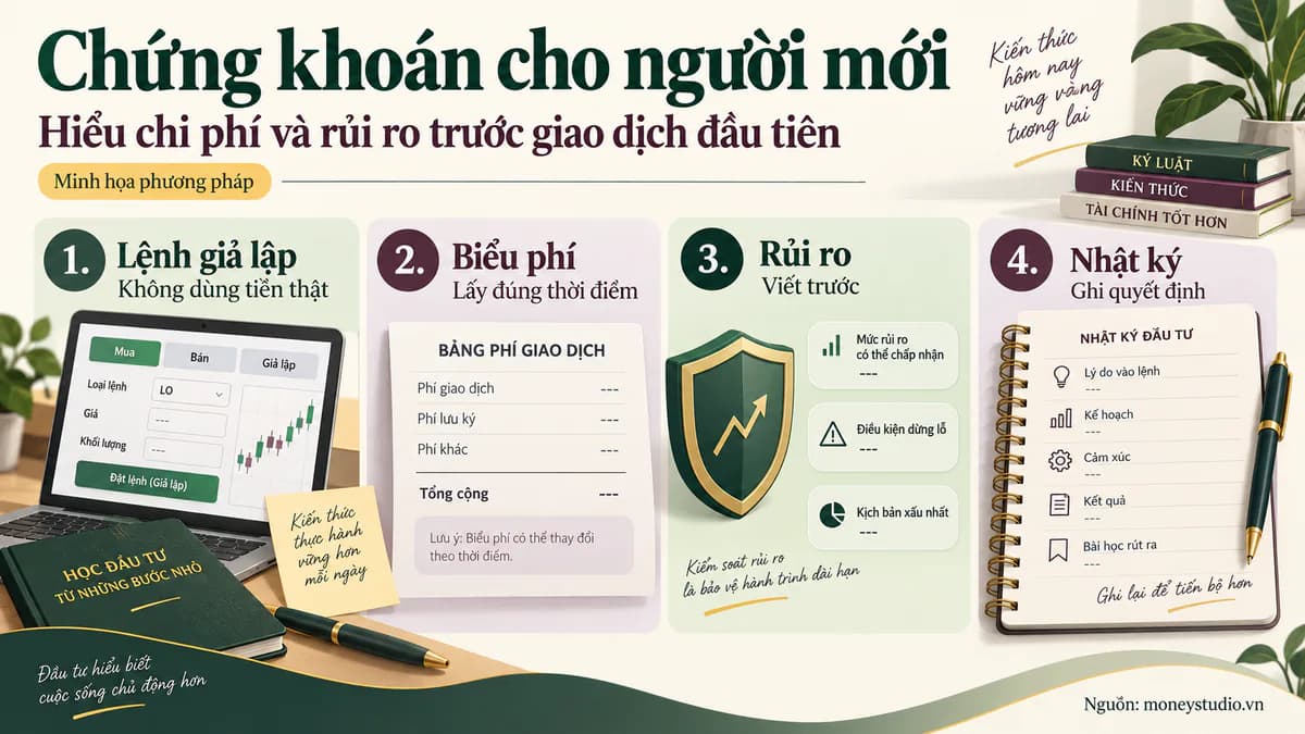 Infographic Chứng khoán cho người mới: hiểu gì trước giao dịch đầu tiên?: 3.000.000đ, Giá trị lệnh giả lập; Biểu phí, Lấy tại thời điểm làm; Rủi ro, Viết trước; Nhật ký, Không dùng tiền thật.
