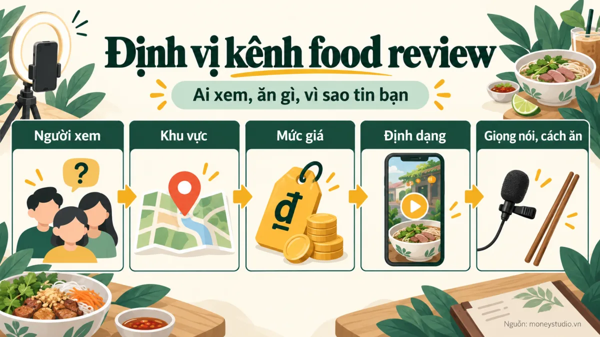 Infographic Định vị kênh food review: 5 trục để người xem nhớ bạn (kèm worksheet): Định vị kênh food review; Ai xem, ăn gì, vì sao tin bạn; Người xem; Khu vực; Mức giá; Định dạng; Giọng nói, cách ăn.