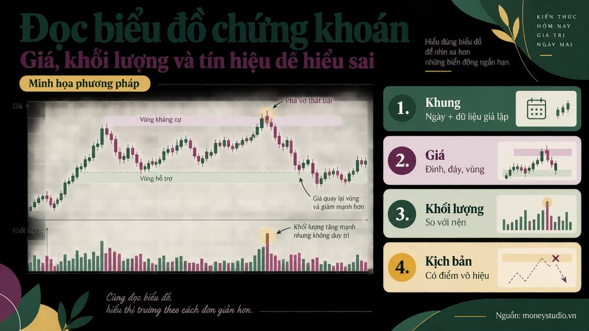 Infographic Đọc biểu đồ chứng khoán: giá, khối lượng và tín hiệu dễ hiểu sai: Khung, Ngày, dữ liệu giả lập; Giá, Đỉnh/đáy + vùng; Volume, So với nền; Kịch bản, Có điểm vô hiệu.