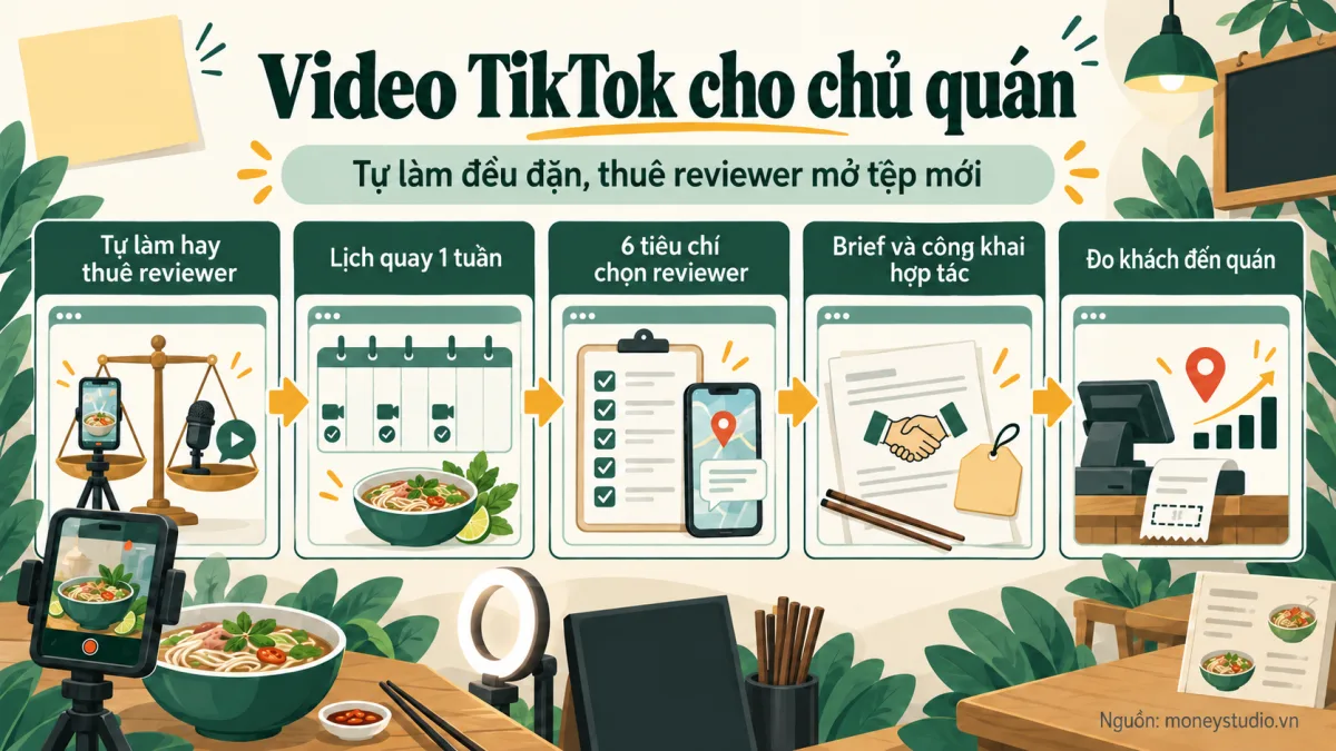 Infographic Chủ quán tự làm video TikTok hay thuê reviewer: lịch 1 tuần và cách đo khách đến: Video TikTok cho chủ quán; Tự làm đều đặn, thuê reviewer mở tệp mới; Tự làm hay thuê reviewer; Lịch quay 1 tuần; 6 tiêu chí chọn reviewer; Brief và công khai hợp tác; Đo khách đến quán; Nguồn: moneystudio.vn