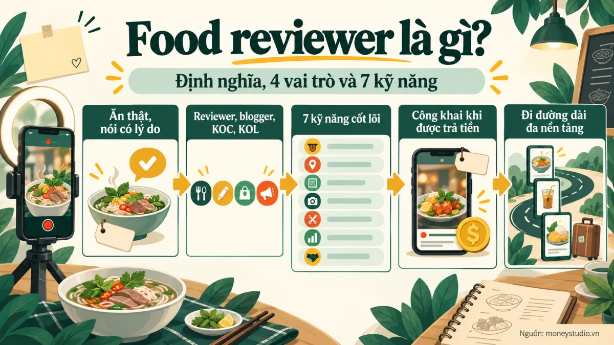 Infographic Food reviewer là gì?: Food reviewer là gì?; Định nghĩa, 4 vai trò và 7 kỹ năng; Ăn thật, nói có lý do; Reviewer, blogger, KOC, KOL; 7 kỹ năng cốt lõi; Công khai khi được trả tiền; Đi đường dài đa nền tảng.
