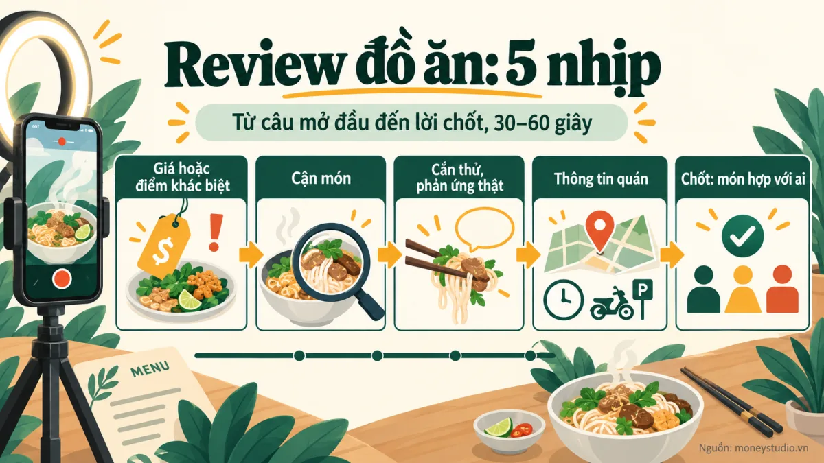 Infographic Kịch bản review đồ ăn: 3 mẫu 30–60 giây từ câu mở đầu đến lời chốt: Review đồ ăn: 5 nhịp; Từ câu mở đầu đến lời chốt, 30–60 giây; Giá hoặc điểm khác biệt; Cận món; Cắn thử, phản ứng thật; Thông tin quán; Chốt: món hợp với ai.