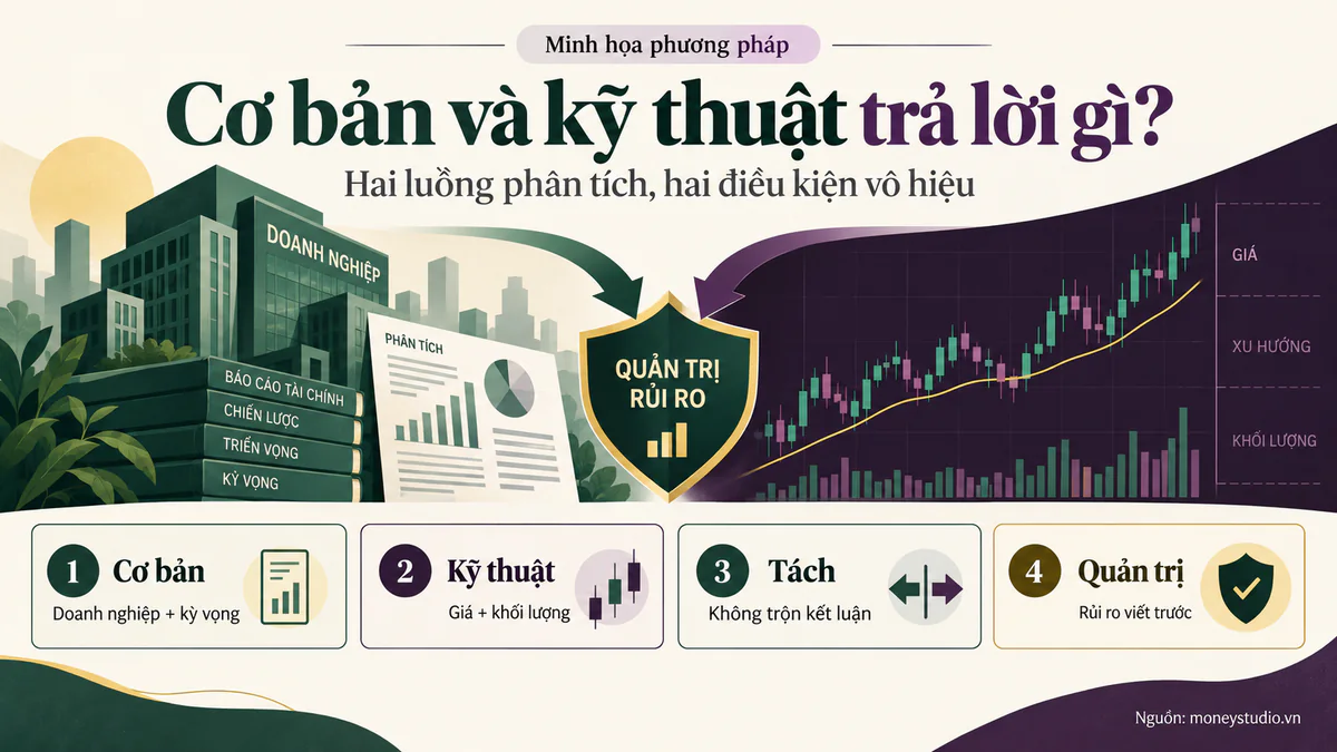 Infographic Phân tích cơ bản và phân tích kỹ thuật trả lời câu hỏi nào?: Cơ bản, Doanh nghiệp + kỳ vọng; Kỹ thuật, Giá + khối lượng; Tách, Hai điều kiện vô hiệu; Quản trị, Rủi ro viết trước.