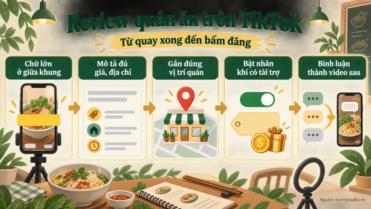 Infographic Review quán ăn trên TikTok: Review quán ăn trên TikTok; Từ quay xong đến bấm đăng; Chữ lớn ở giữa khung; Mô tả đủ giá, địa chỉ; Gắn đúng vị trí quán; Bật nhãn khi có tài trợ; Bình luận thành video sau.